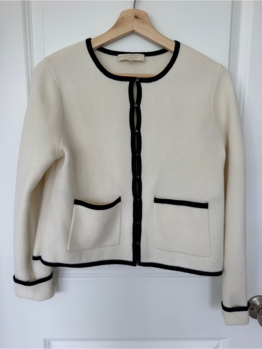 Sezane Brielle Ivory Knit Jacket with Black Trim